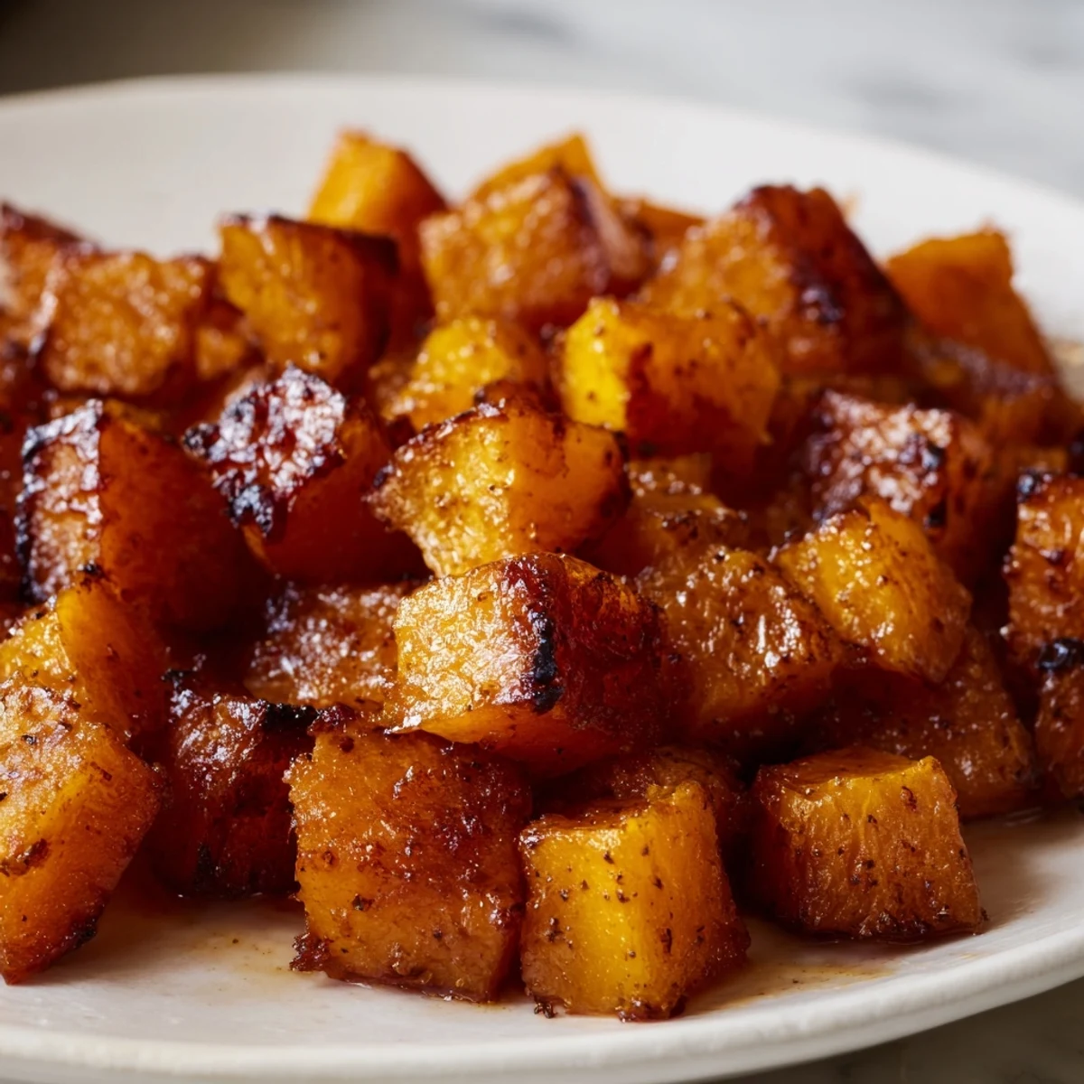 Caramelized butternut squash roasted with brown sugar and warm spices, served hot as a side dish.