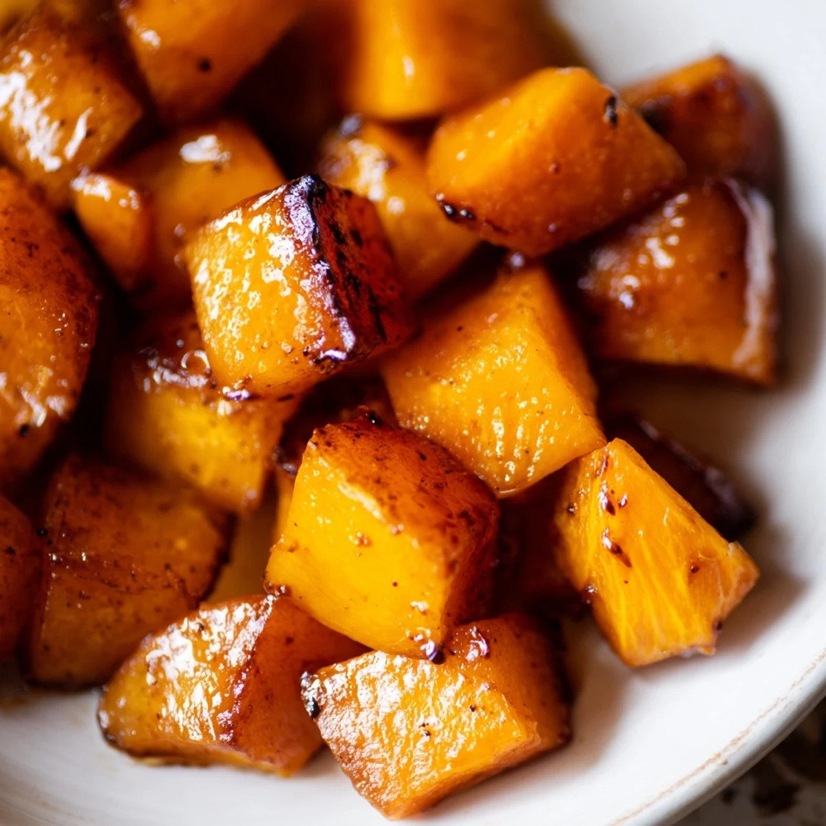 Golden-brown roasted squash cubes glazed with brown sugar, cinnamon, and nutmeg on a baking sheet.