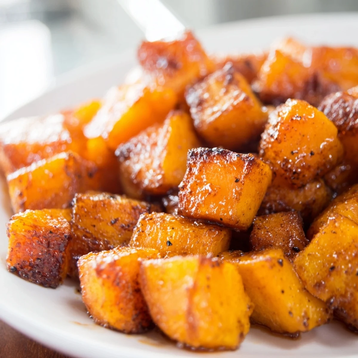 Tender squares of golden roasted squash with brown sugar, glistening with olive oil and warm spices.