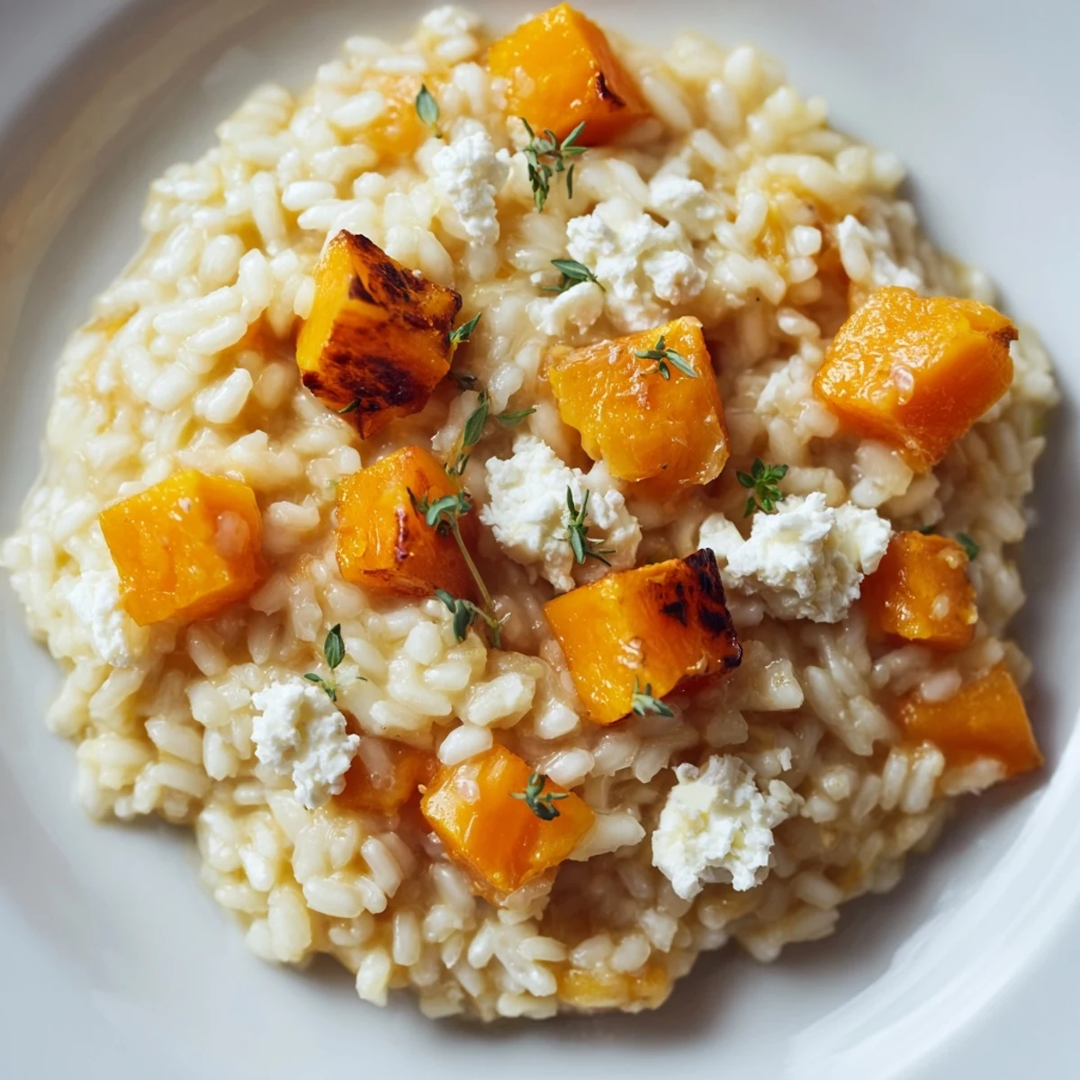 Creamy Butternut Squash and Goat Cheese Risotto served warm with fresh thyme garnish.