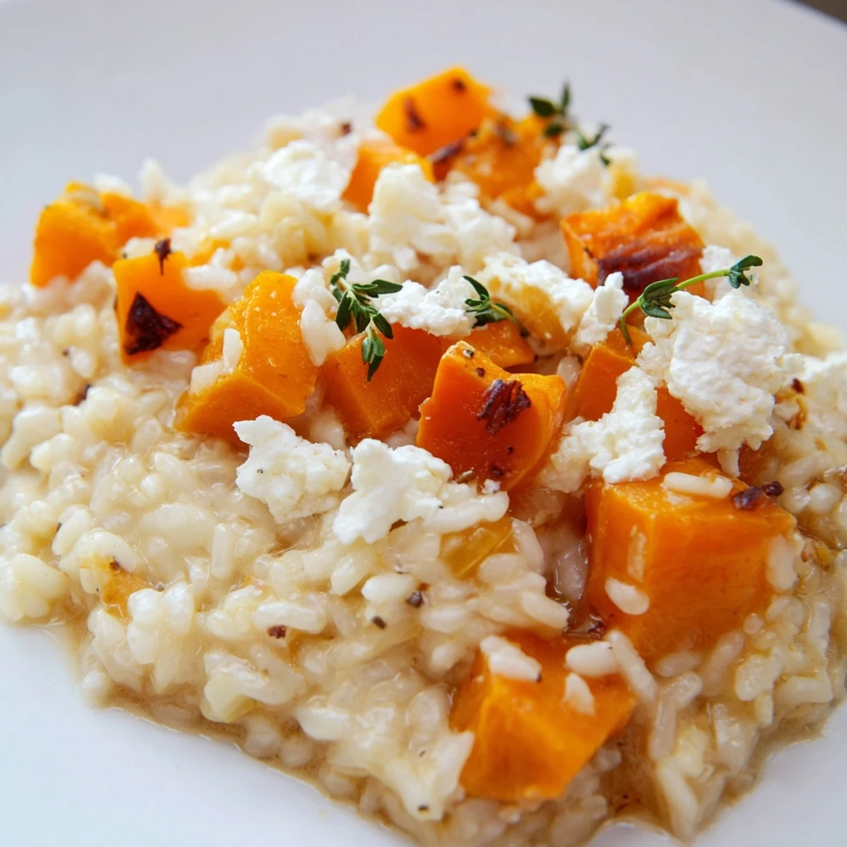 Golden roasted butternut squash folded into Butternut Squash and Goat Cheese Risotto, topped with crumbled goat cheese.