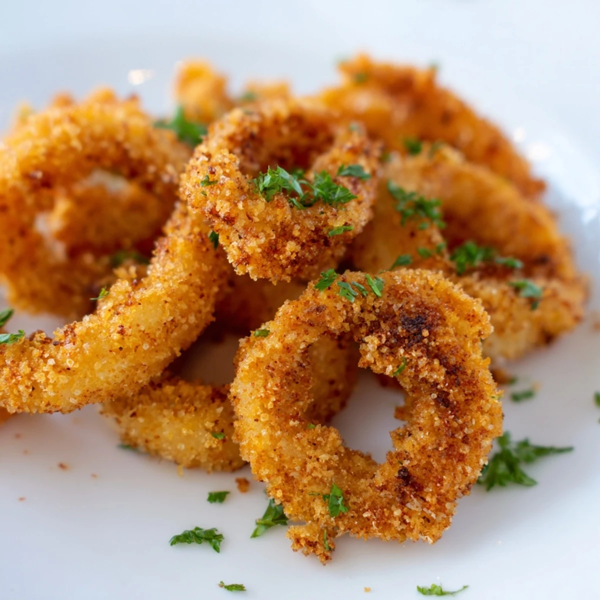 Basket of Crispy Calamari Rings with Lemon Wedge, served hot and crunchy next to a small bowl of dipping sauce.