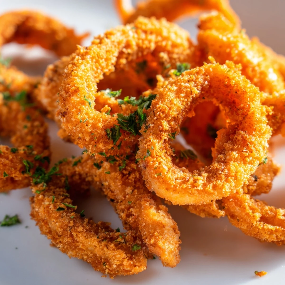 Golden-fried Crispy Calamari Rings with Lemon Wedge on a plate, garnished with fresh parsley for a delicious Mediterranean appetizer.