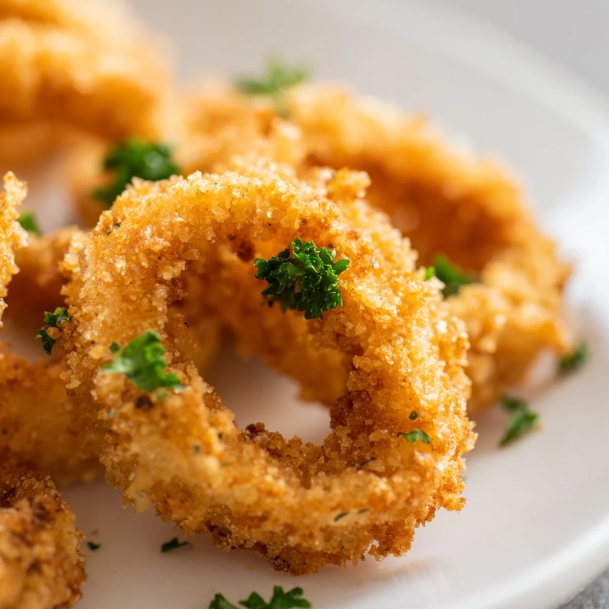 Close-up on Crispy Calamari Rings with Lemon Wedge, showing golden breading and fresh citrus ready for squeezing over seafood.