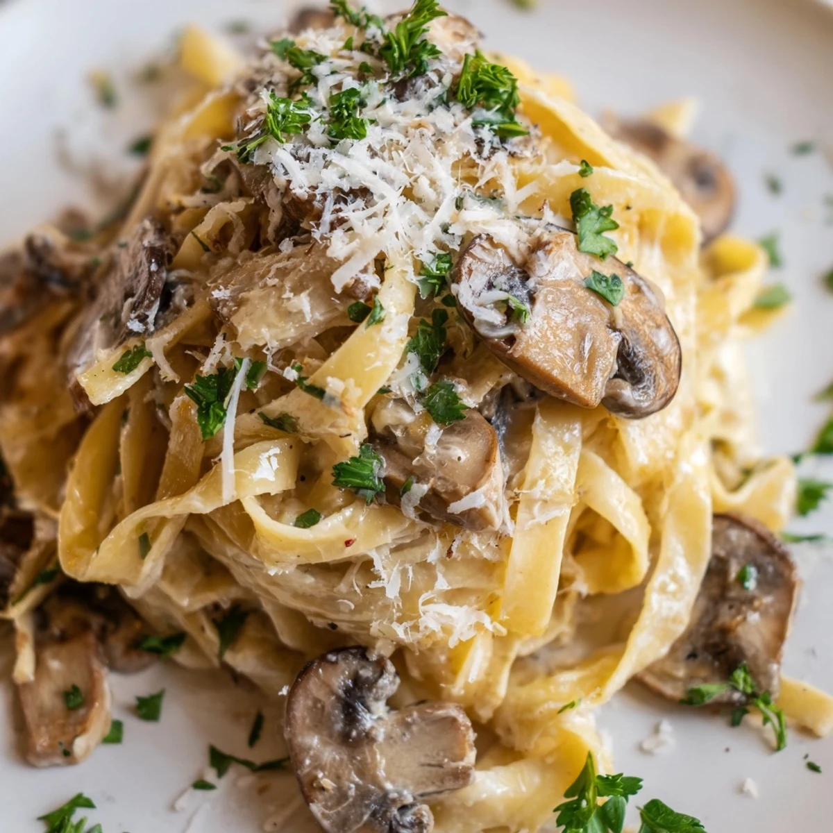 Creamy Fettuccine Alfredo with Mushrooms served hot with golden sautéed mushrooms, fresh parsley, and extra Parmesan on top.