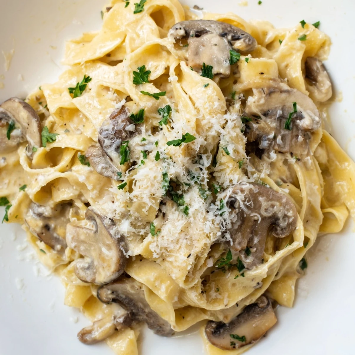 Fork twirling silky fettuccine noodles in a rich, creamy Parmesan mushroom Alfredo sauce, close-up.
