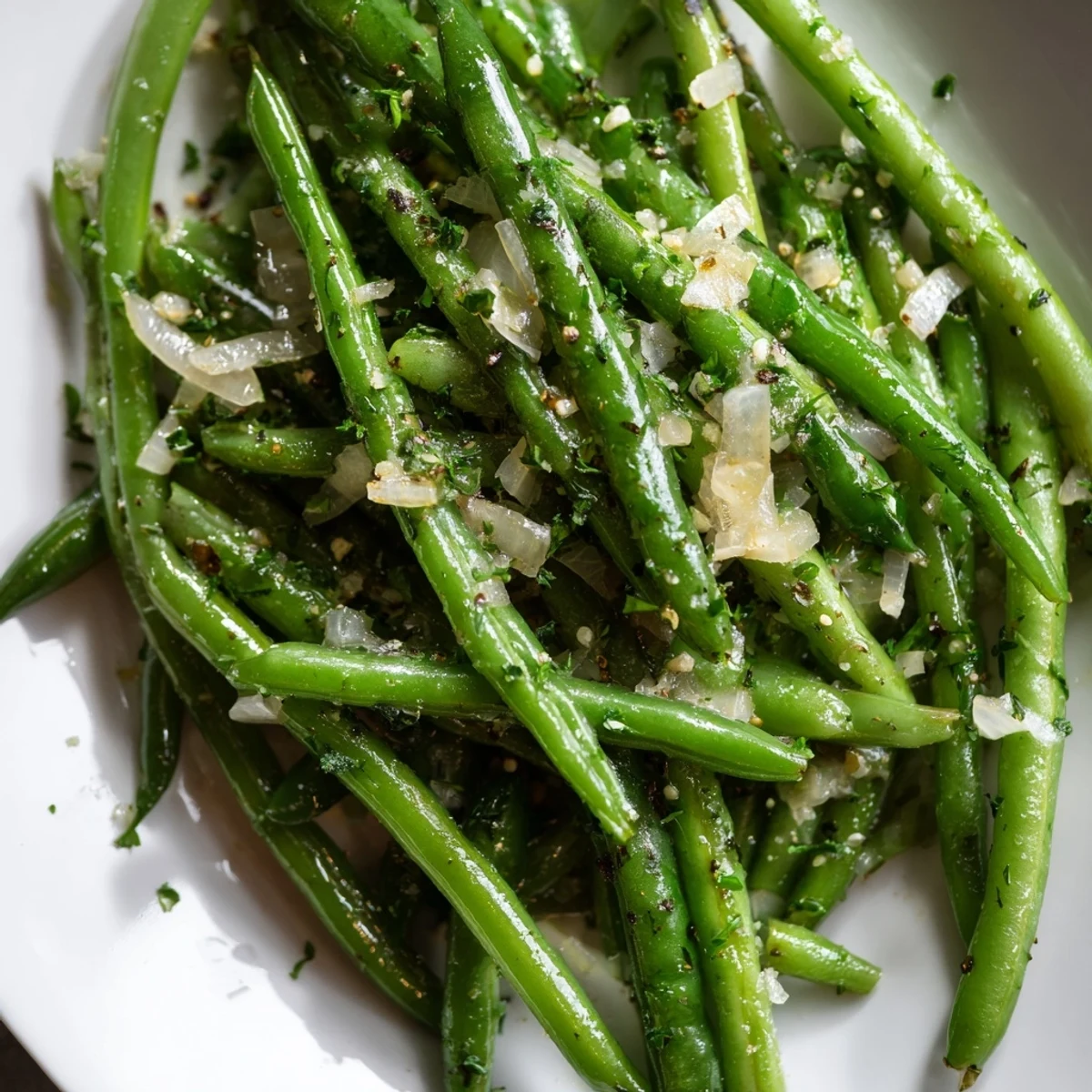 Bright green beans and caramelized shallots glistening in garlic butter, served as a fresh American side dish.