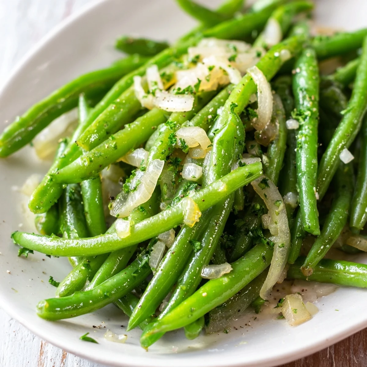 Close-up of crisp-tender Garlic Butter Green Beans with Shallots, garnished with parsley and ready to serve.
