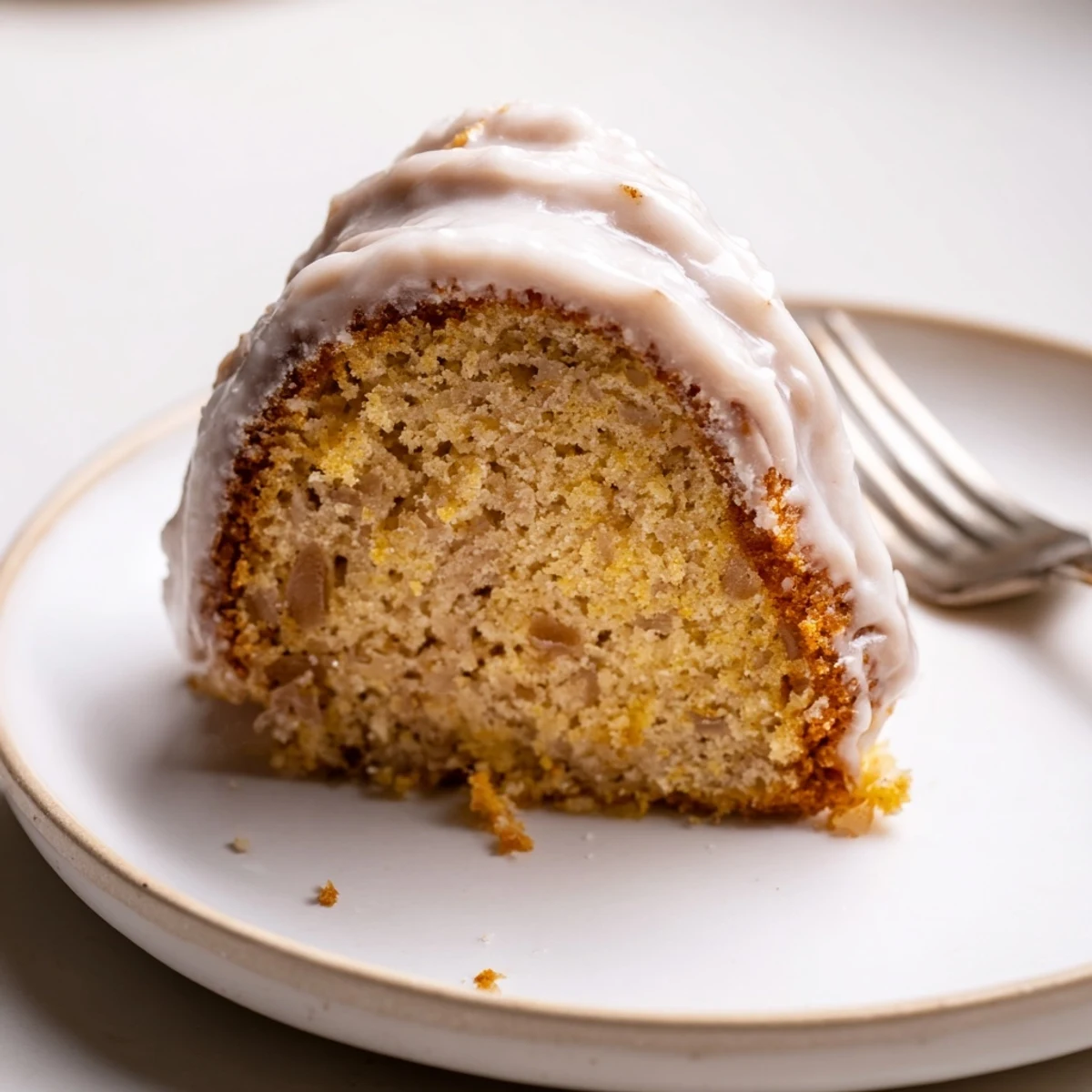 Freshly baked Spiced Apple Cider Bundt Cake with a glossy glaze, served on a rustic wooden table.