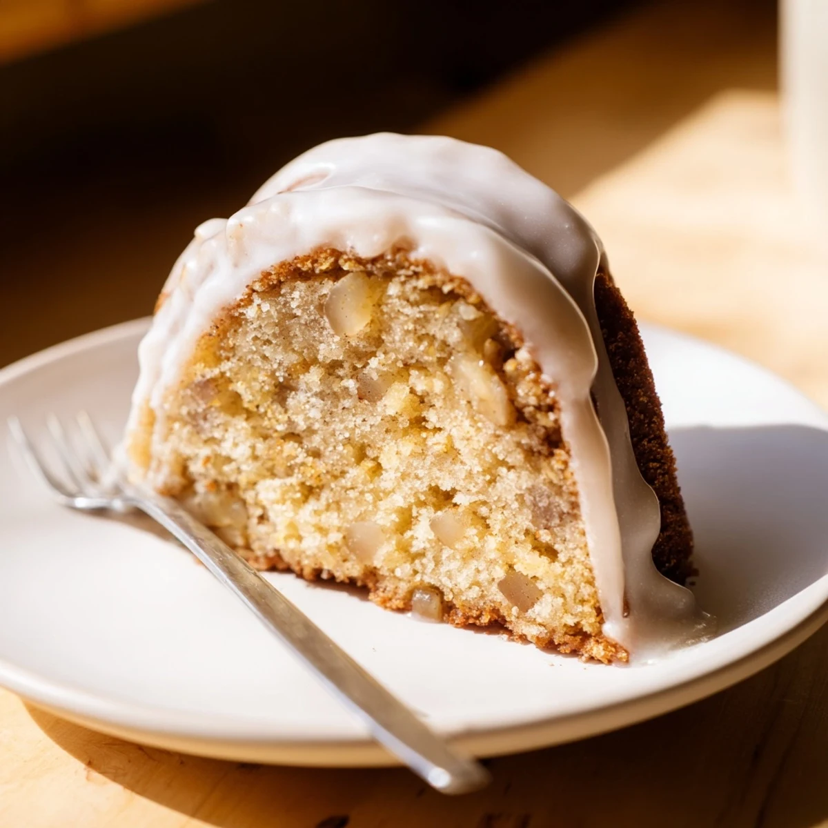 A slice of Spiced Apple Cider Bundt Cake sits beside a steaming mug of hot apple cider.