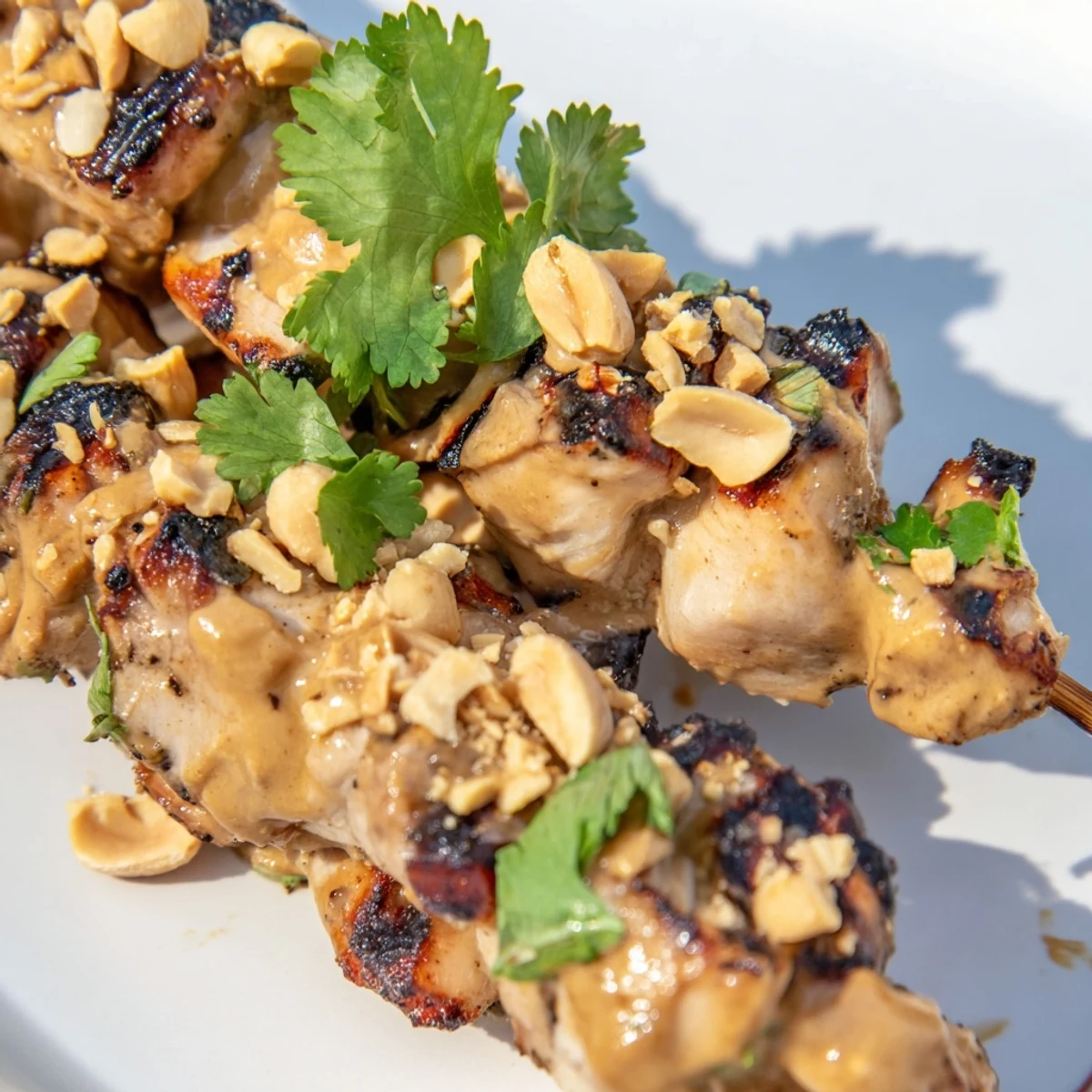 Golden-brown grilled chicken skewers with satay sauce stacked on a white plate, garnished with fresh cilantro and chopped peanuts.
