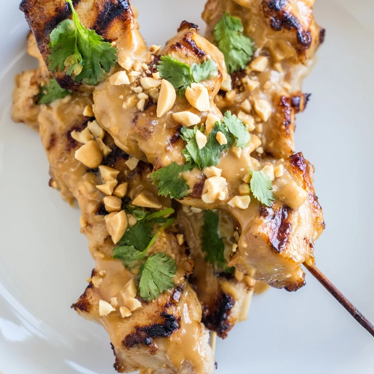Tender grilled chicken skewers with satay sauce served over jasmine rice and sliced cucumbers on a rustic table.