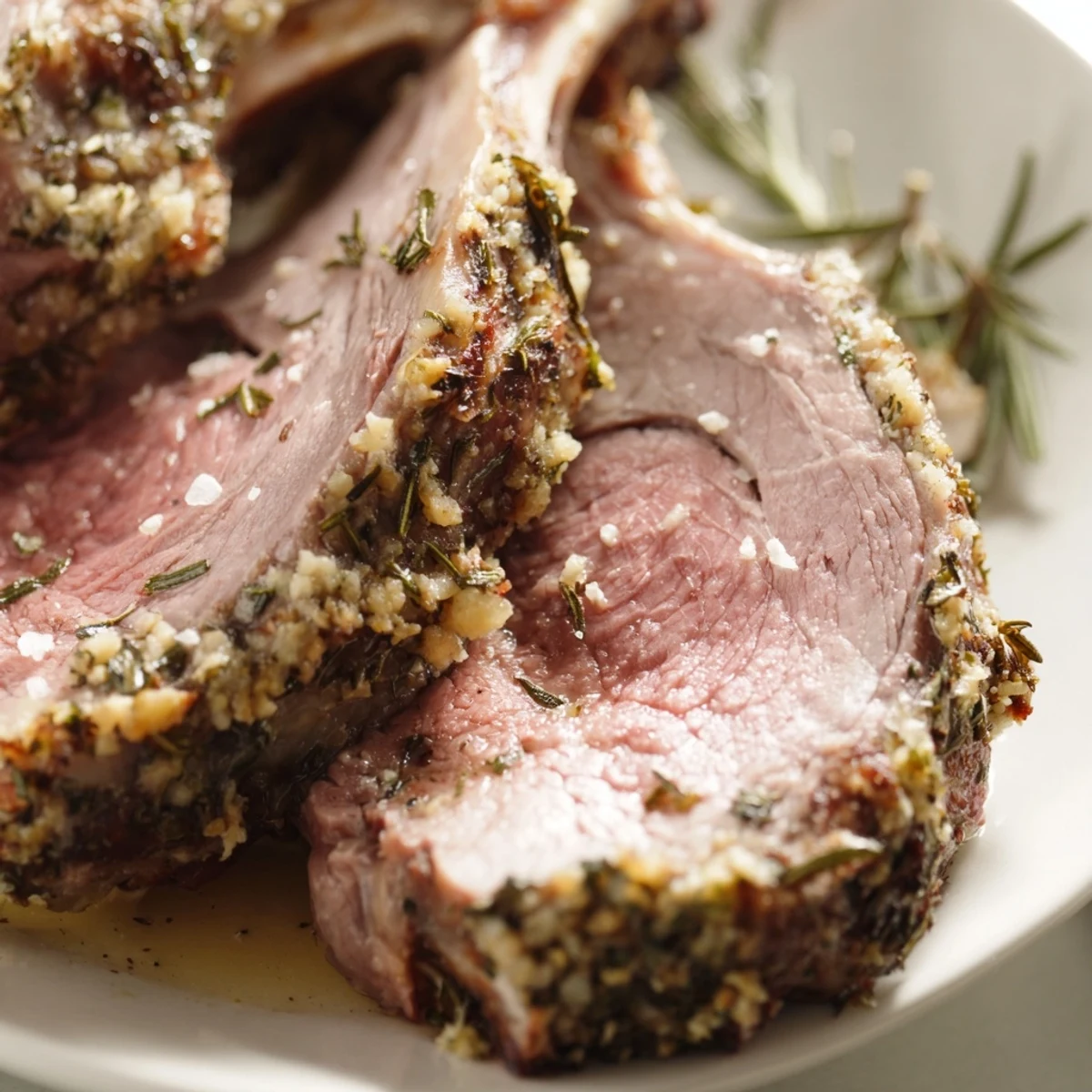 Sliced Roasted Leg of Lamb with Anchovy and Rosemary reveals juicy, pink meat and fragrant herbs on a platter.