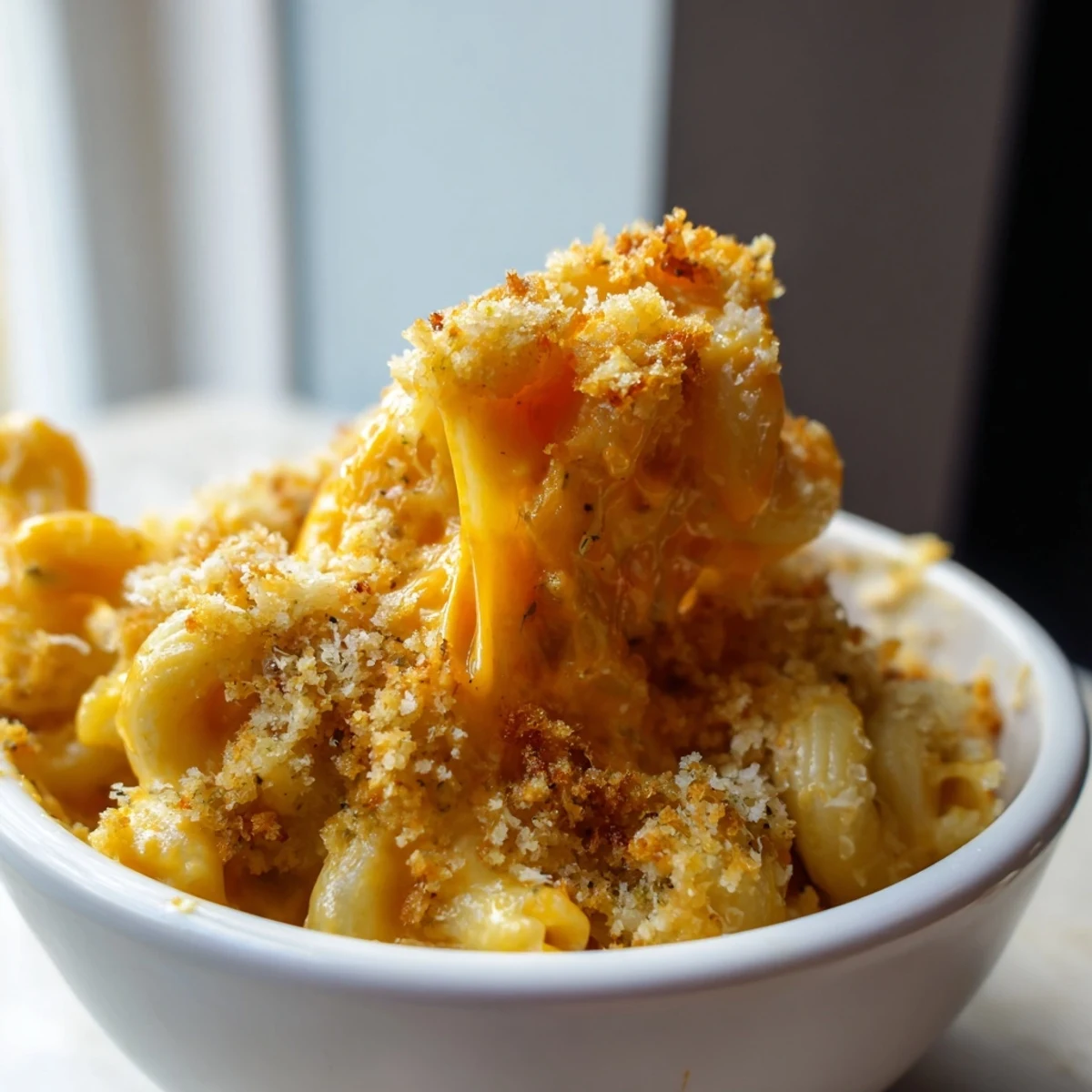 A skillet of creamy Baked Macaroni and Cheese with Cheddar garnished with parsley and served family-style.
