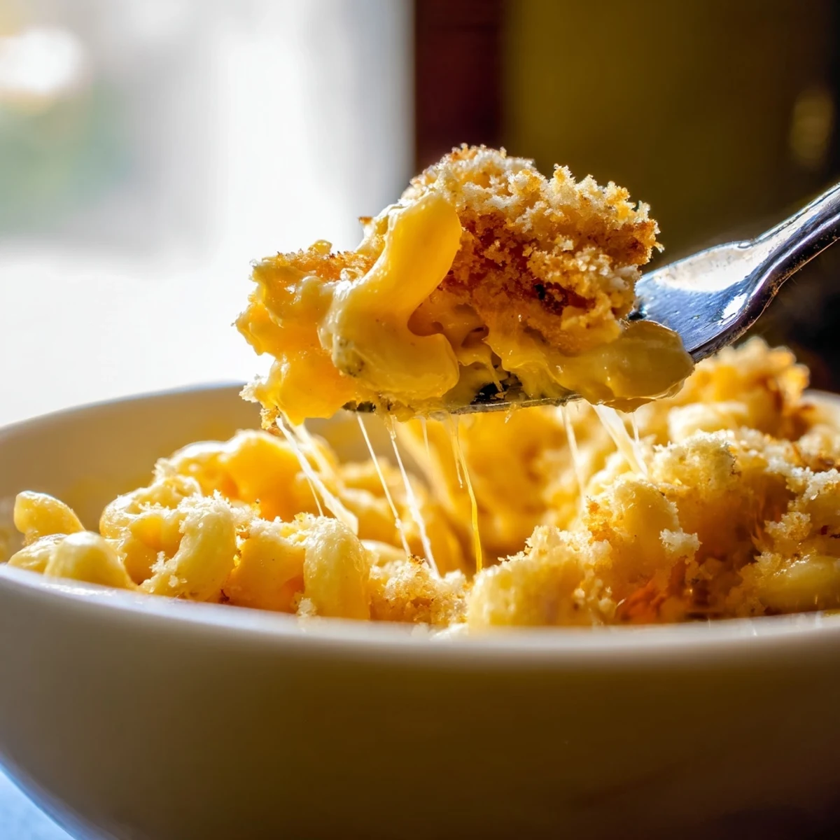 Freshly baked Baked Macaroni and Cheese with Cheddar bubbling in a ceramic dish with a golden crust.