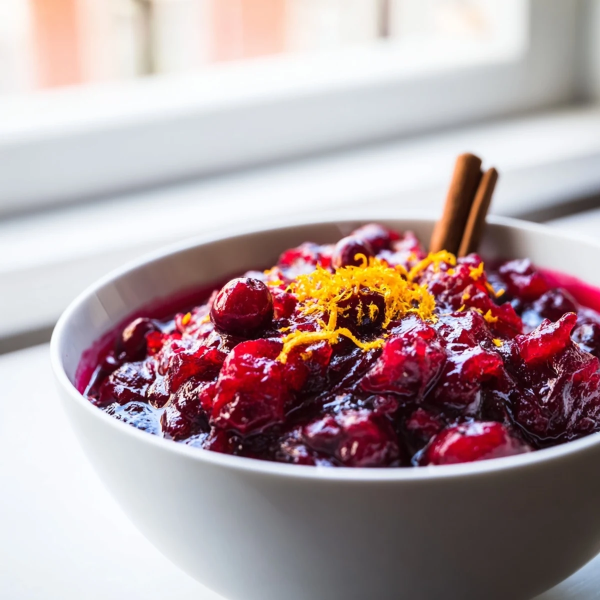 Thick, bubbling Cranberry Sauce with Cinnamon Stick cooking in a saucepan with vibrant, popped cranberries.