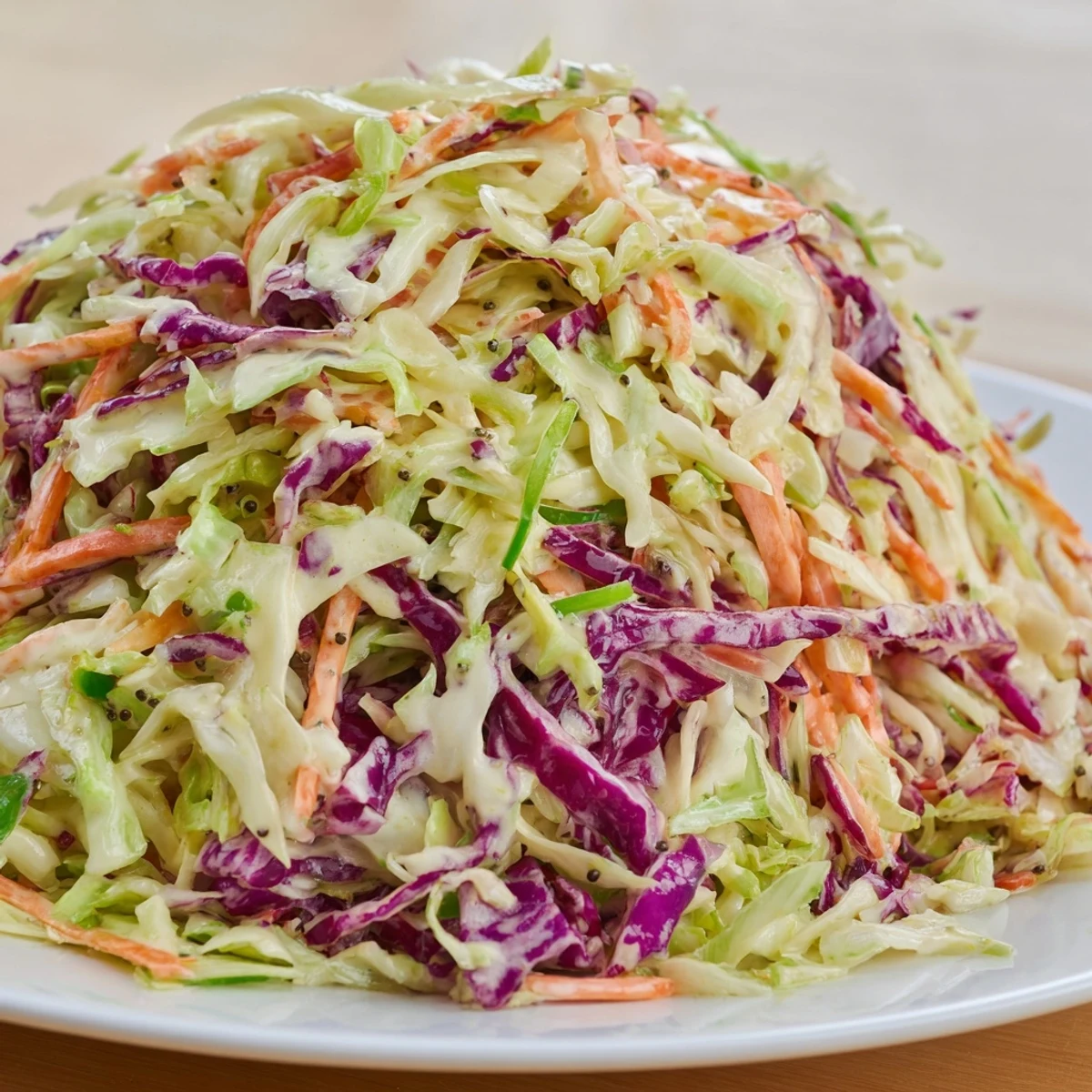 Freshly tossed Creamy Coleslaw with Carrots showing crisp cabbage and shredded carrots in a luscious white dressing, perfect for picnics and barbecues.