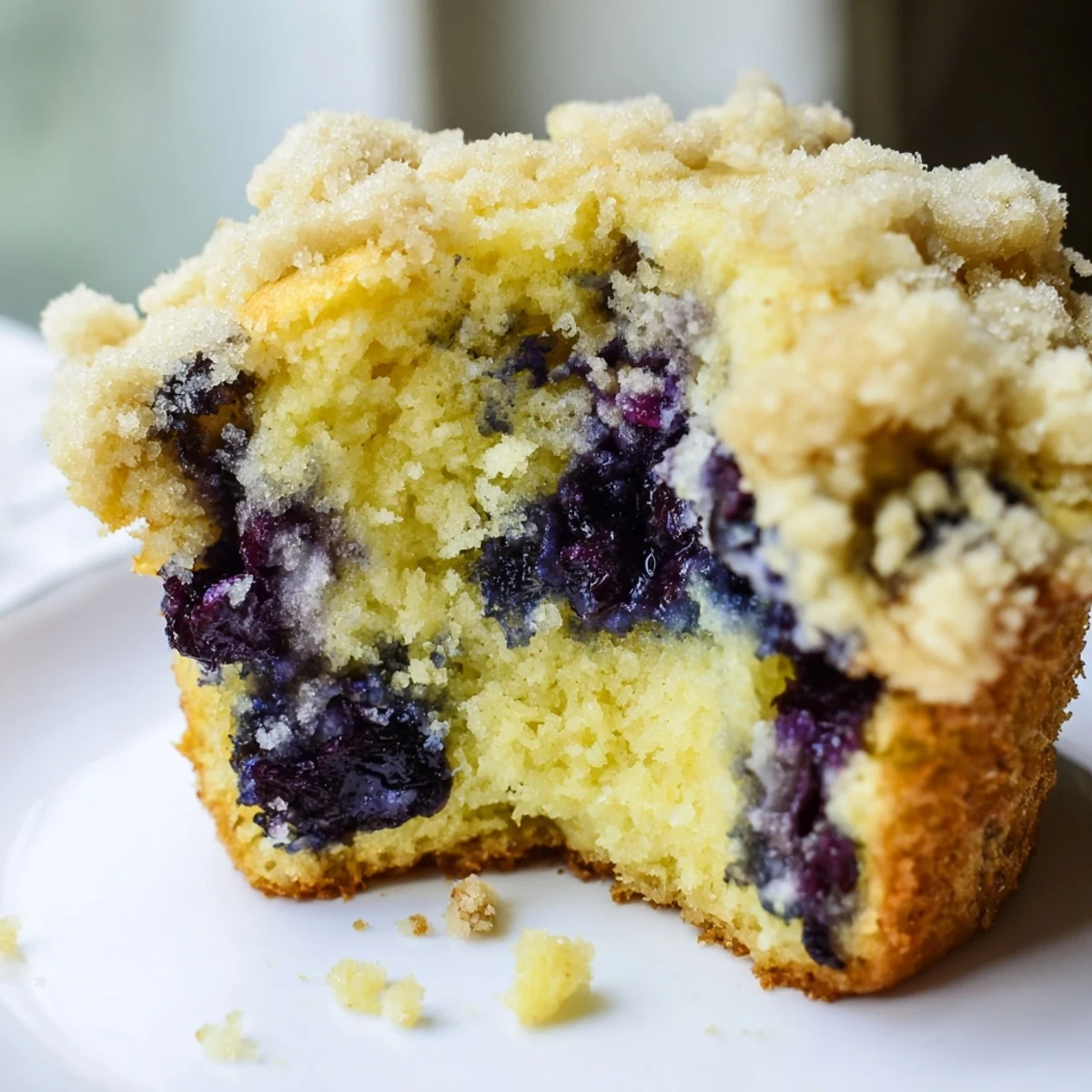 Golden-topped Lemon Blueberry Muffins with Streusel, featuring vibrant blueberries and a zesty lemon glaze, perfect for a cozy breakfast spread.