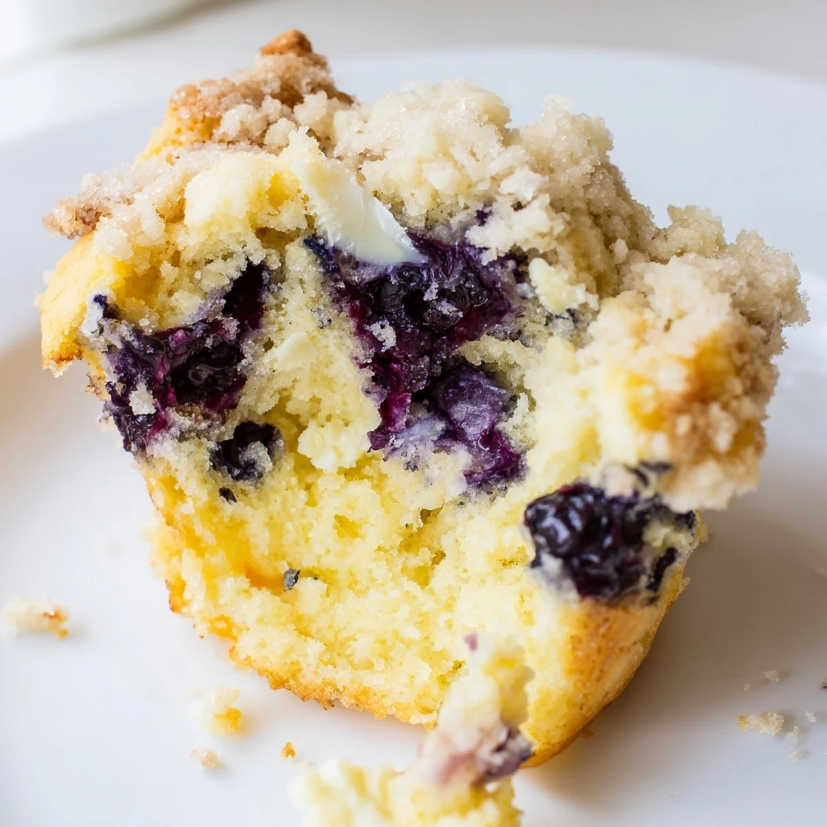 Freshly baked Lemon Blueberry Muffins with Streusel cooling on a wire rack, showcasing fluffy interiors and golden, crunchy crumb toppings.