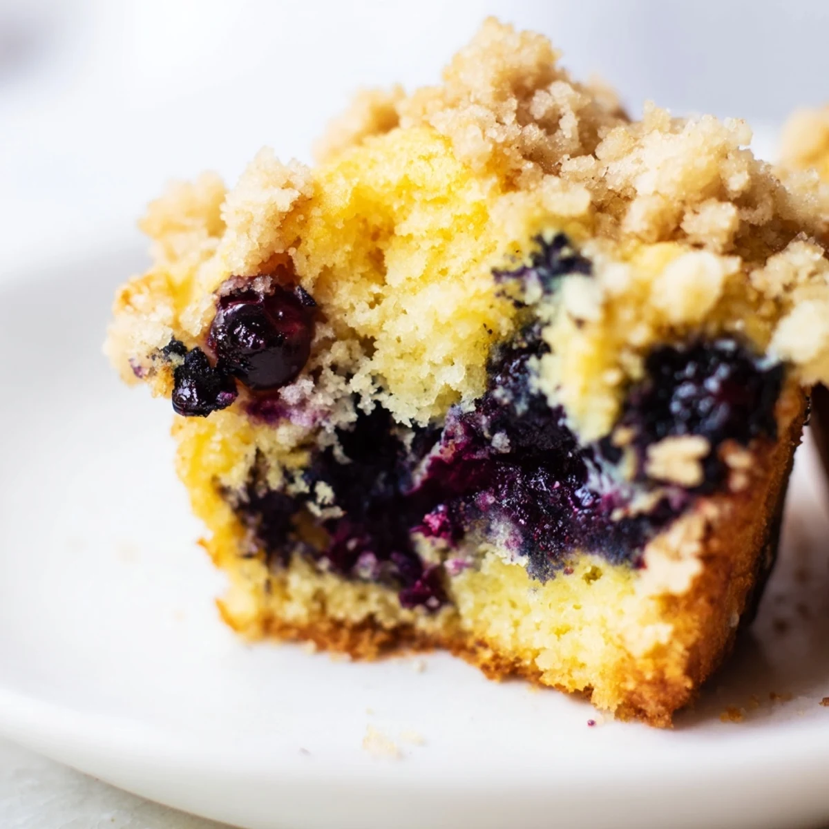 Close-up of Lemon Blueberry Muffins with Streusel, revealing moist, tender crumbs and a generous buttery crumble topping ready to be enjoyed.
