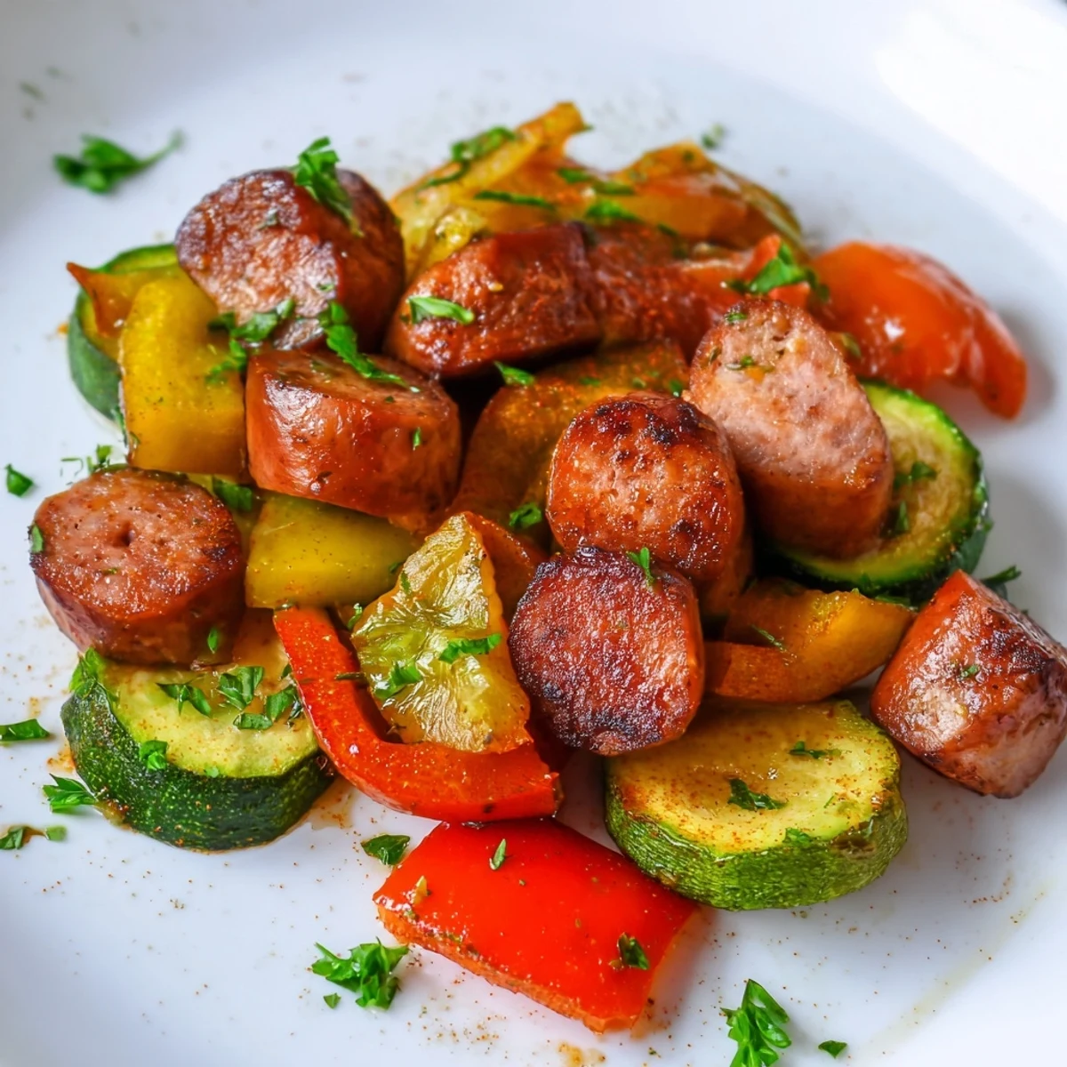 Golden-brown halal sausage slices and roasted bell peppers, zucchini, and red onion on a sheet pan, garnished with fresh parsley.