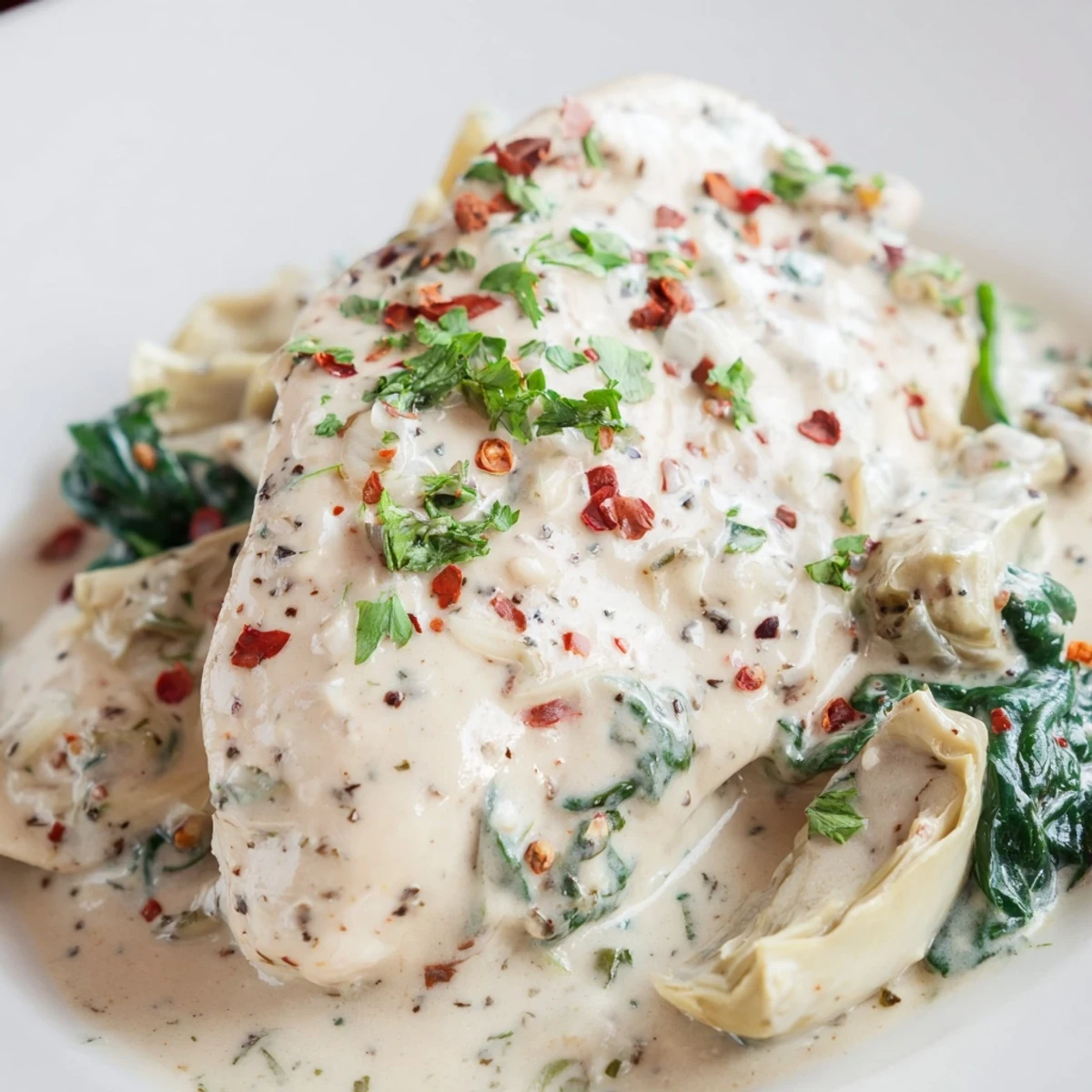 Golden brown chicken breasts simmer in a creamy spinach and artichoke skillet with melted parmesan.