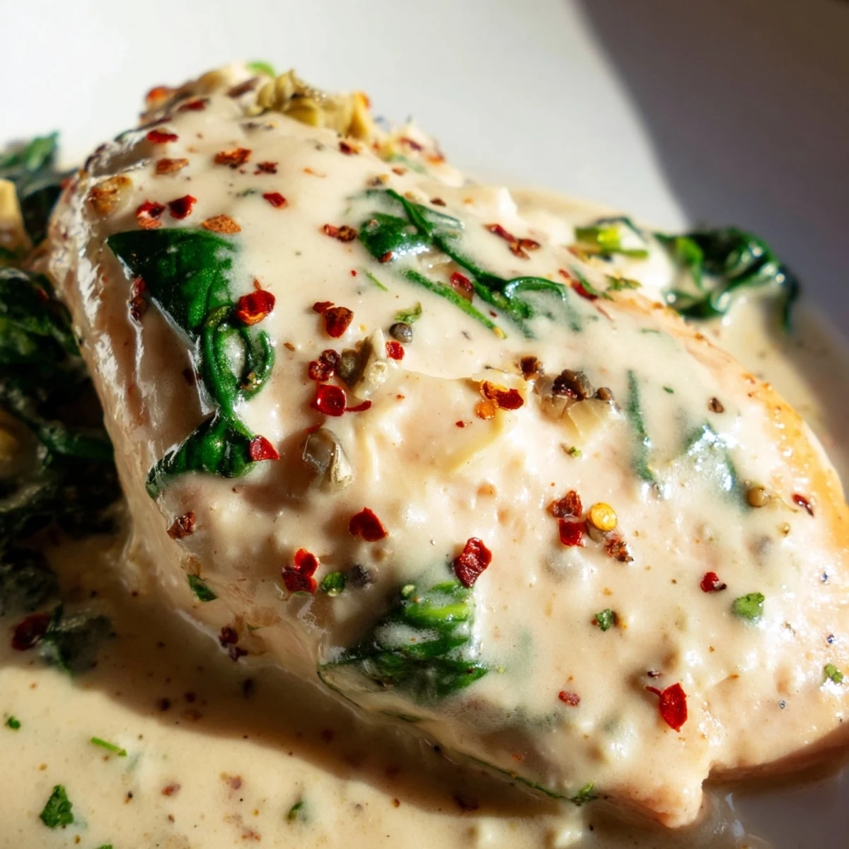 Creamy spinach and artichoke chicken skillet garnished with fresh parsley and a side.