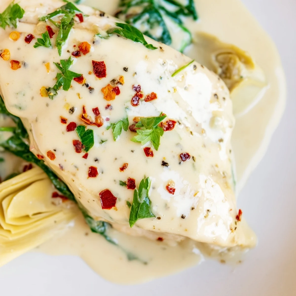 Tender chicken bathes in a rich sauce with wilted spinach and artichoke hearts.