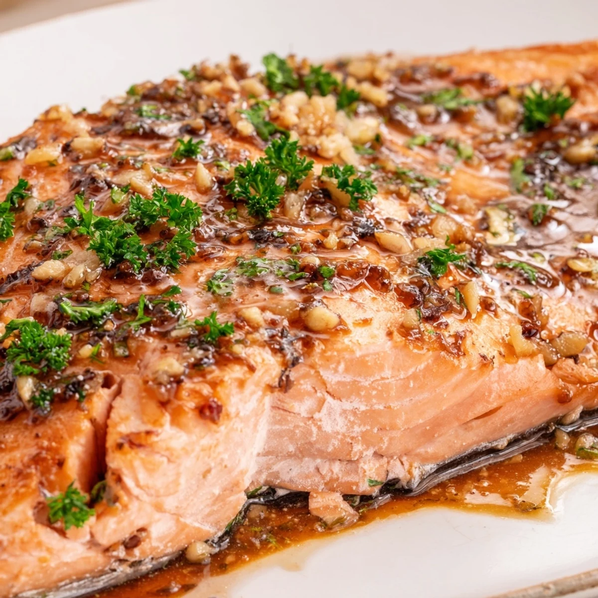Tender, flaky salmon baked with a sweet and savory honey garlic glaze, garnished with fresh parsley.