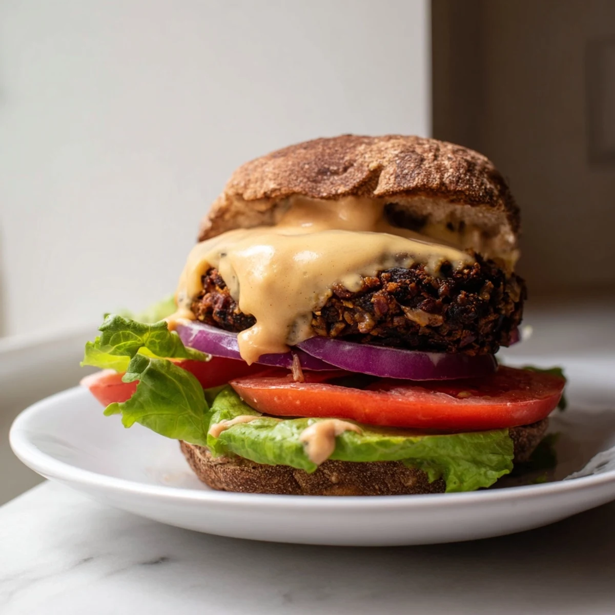 Two toasted buns filled with thick Vegan Black Bean Burgers, layered with crisp lettuce and ripe tomato slices.