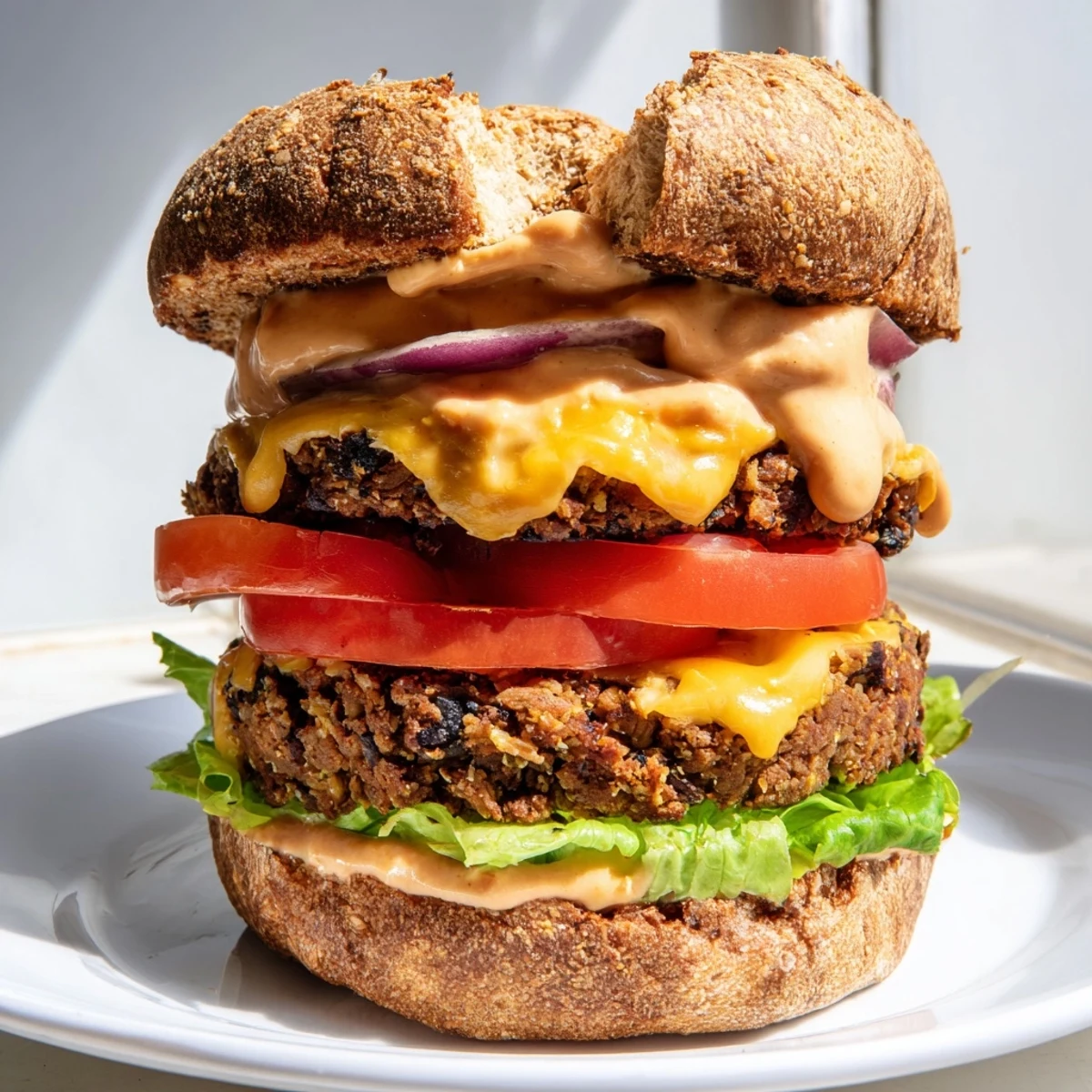 A plated Vegan Black Bean Burger with chipotle mayo dripping onto the bun, ready for a satisfying plant-based lunch.