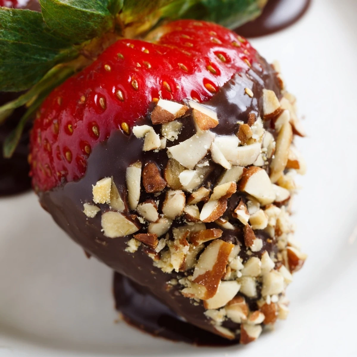 Whole fresh strawberries with glossy dark chocolate coating and chopped pistachios on a white plate, ready to serve.