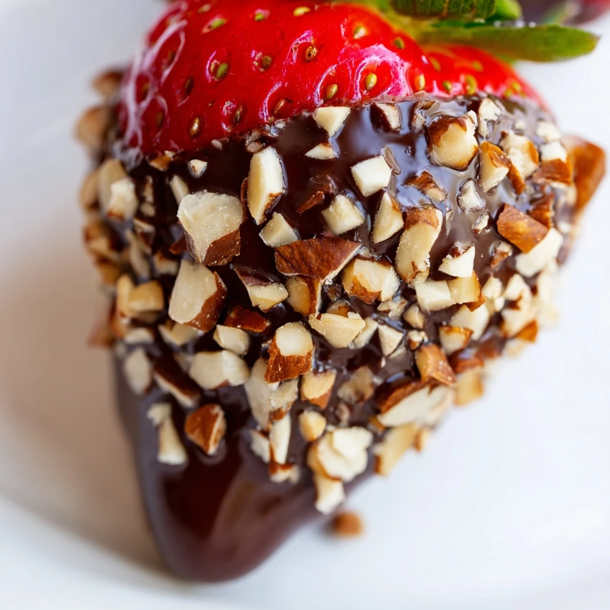 Whole fresh strawberries coated in melted dark chocolate and rolled with crunchy pistachios on a white plate.
