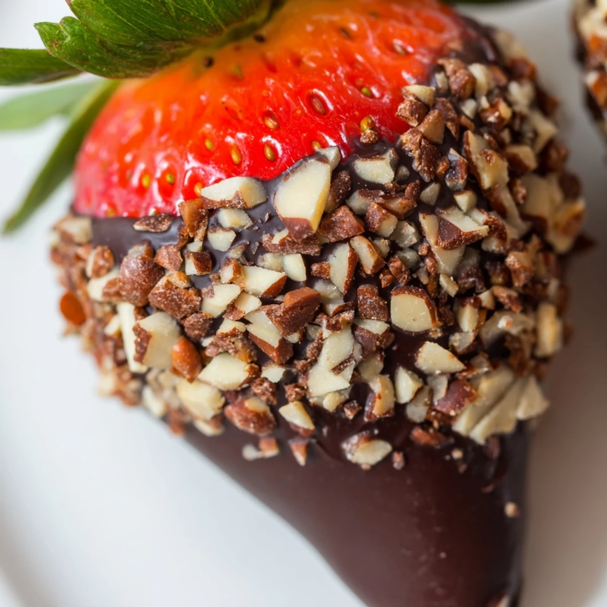 Whole fresh strawberries dipped in chocolate and rolled in chopped pistachios, arranged neatly on a white plate.