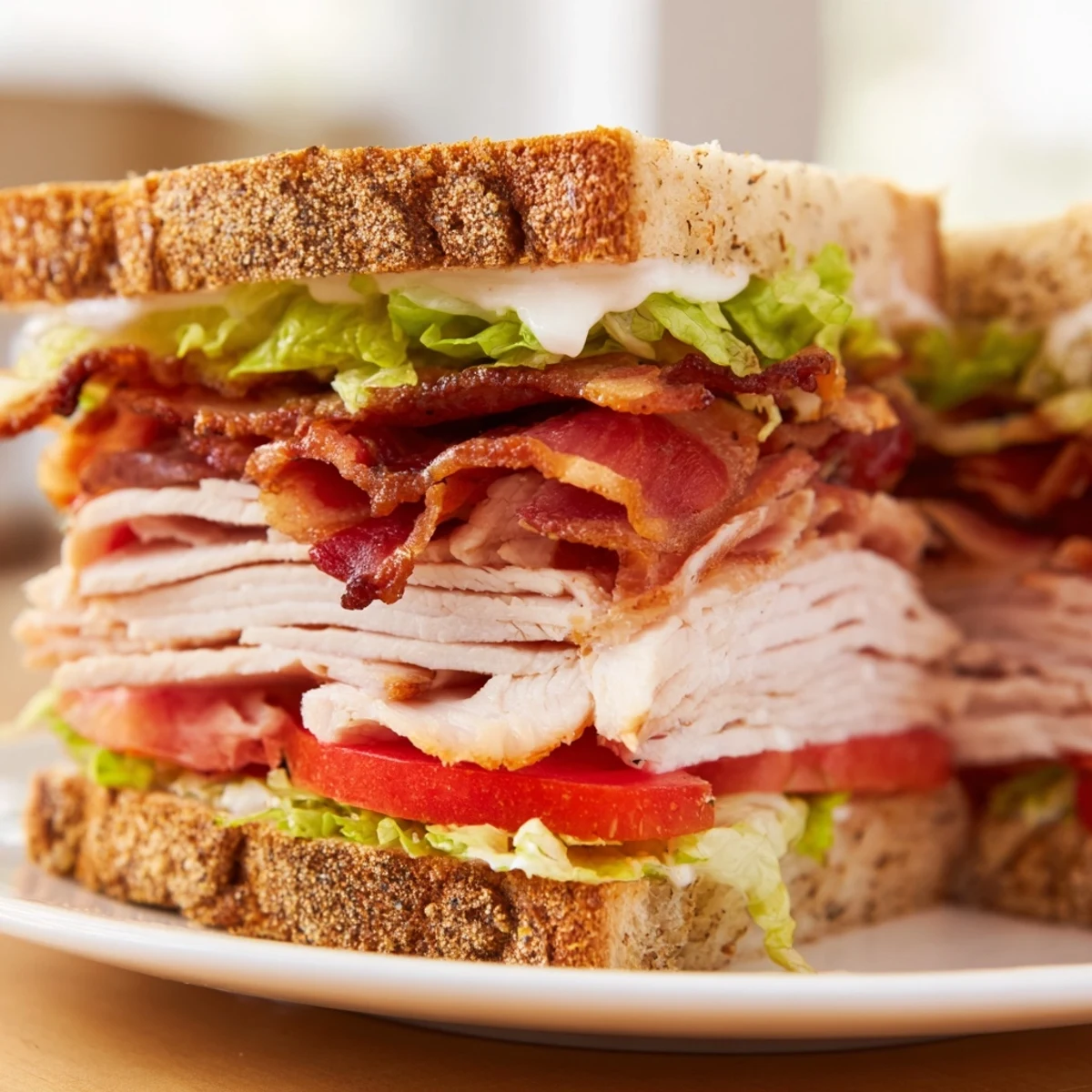 Turkey Club Sandwich with Beef Bacon served on toasted bread with crisp beef bacon and fresh lettuce and tomato.