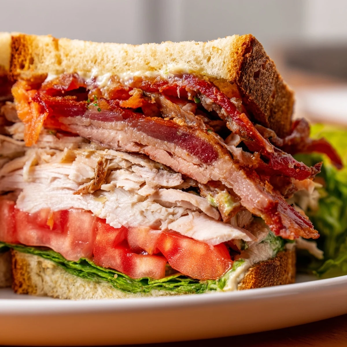 Freshly assembled Turkey Club Sandwich with Beef Bacon cut into halves, revealing juicy turkey and crunchy bacon inside.