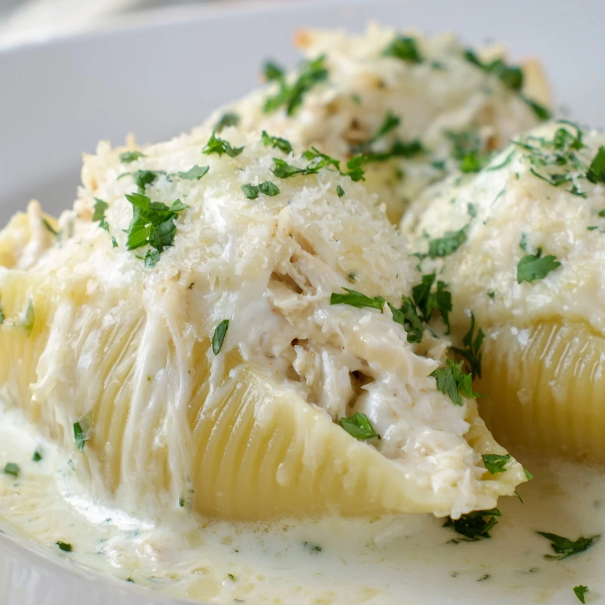 Golden, bubbling cheese topping melted over baked Chicken Alfredo Stuffed Shells fresh from the oven.