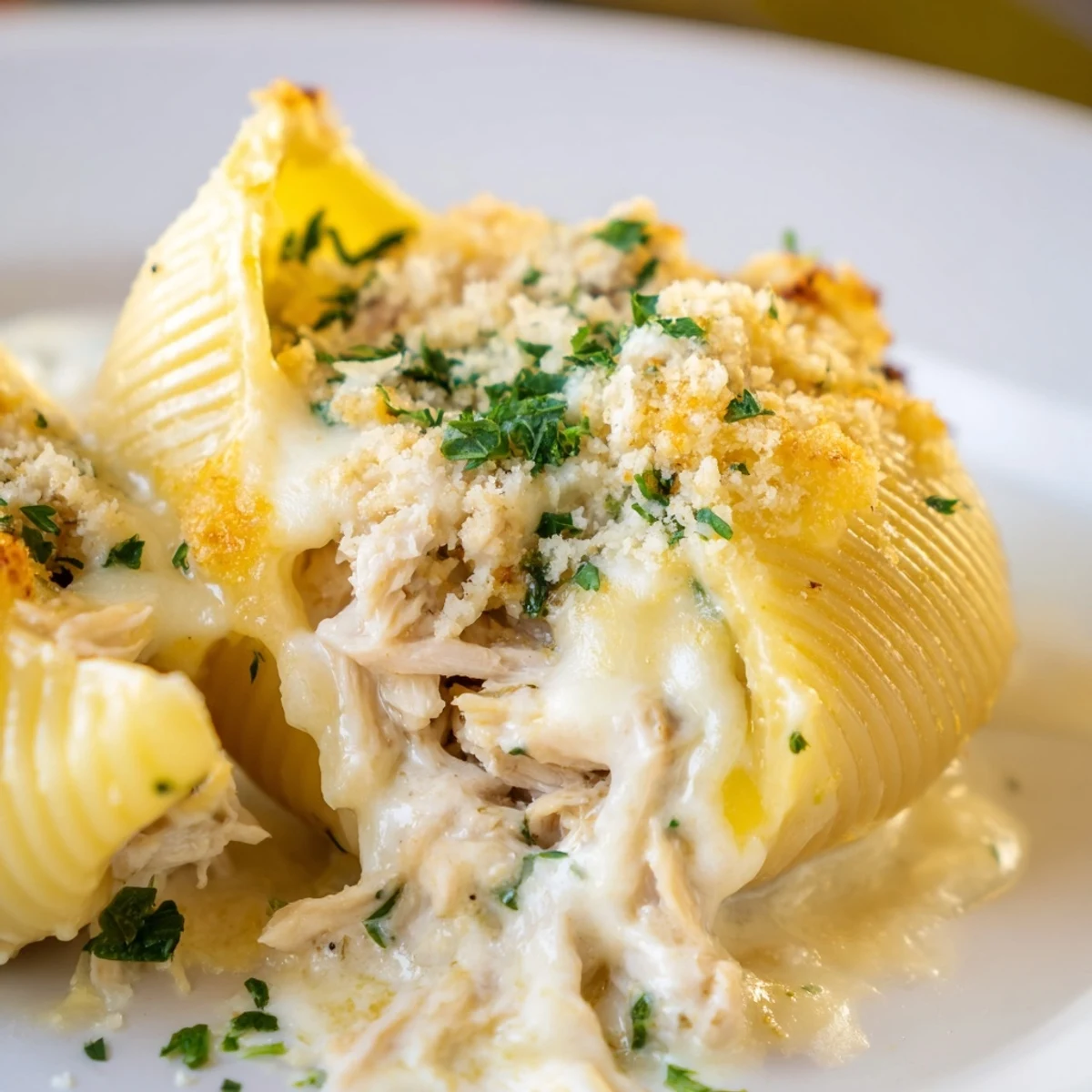 Close-up of golden-browned Chicken Alfredo Stuffed Shells garnished with fresh parsley on a dinner plate.