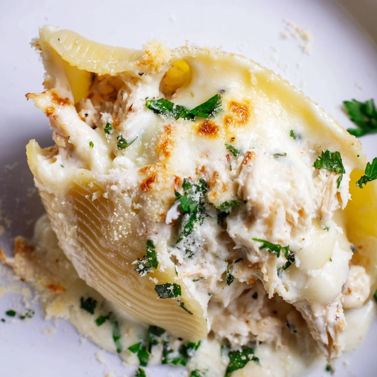Jumbo pasta shells overflowing with creamy ricotta and chicken, smothered in a rich Alfredo sauce.