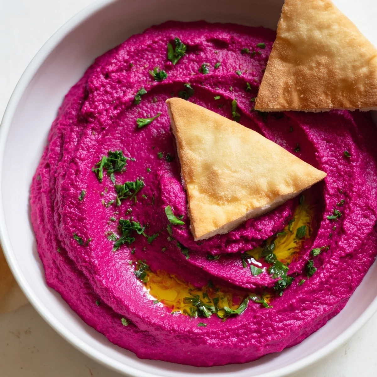 Close-up of creamy Roasted Beet Hummus topped with sesame seeds and herbs, served alongside crispy pita triangles for dipping.
