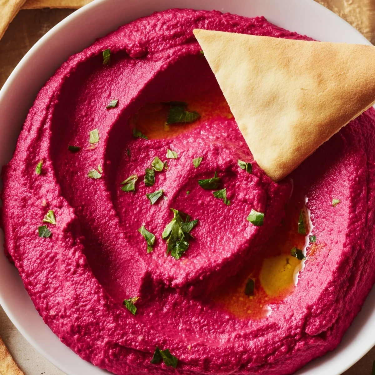 A bowl of vibrant magenta Roasted Beet Hummus garnished with olive oil and cumin, paired with golden baked pita chips.