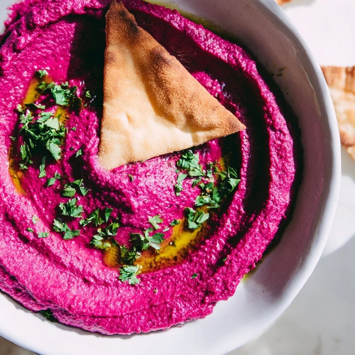 Colorful platter of Roasted Beet Hummus with crunchy pita chips and fresh cucumber slices, perfect for a vegan appetizer.