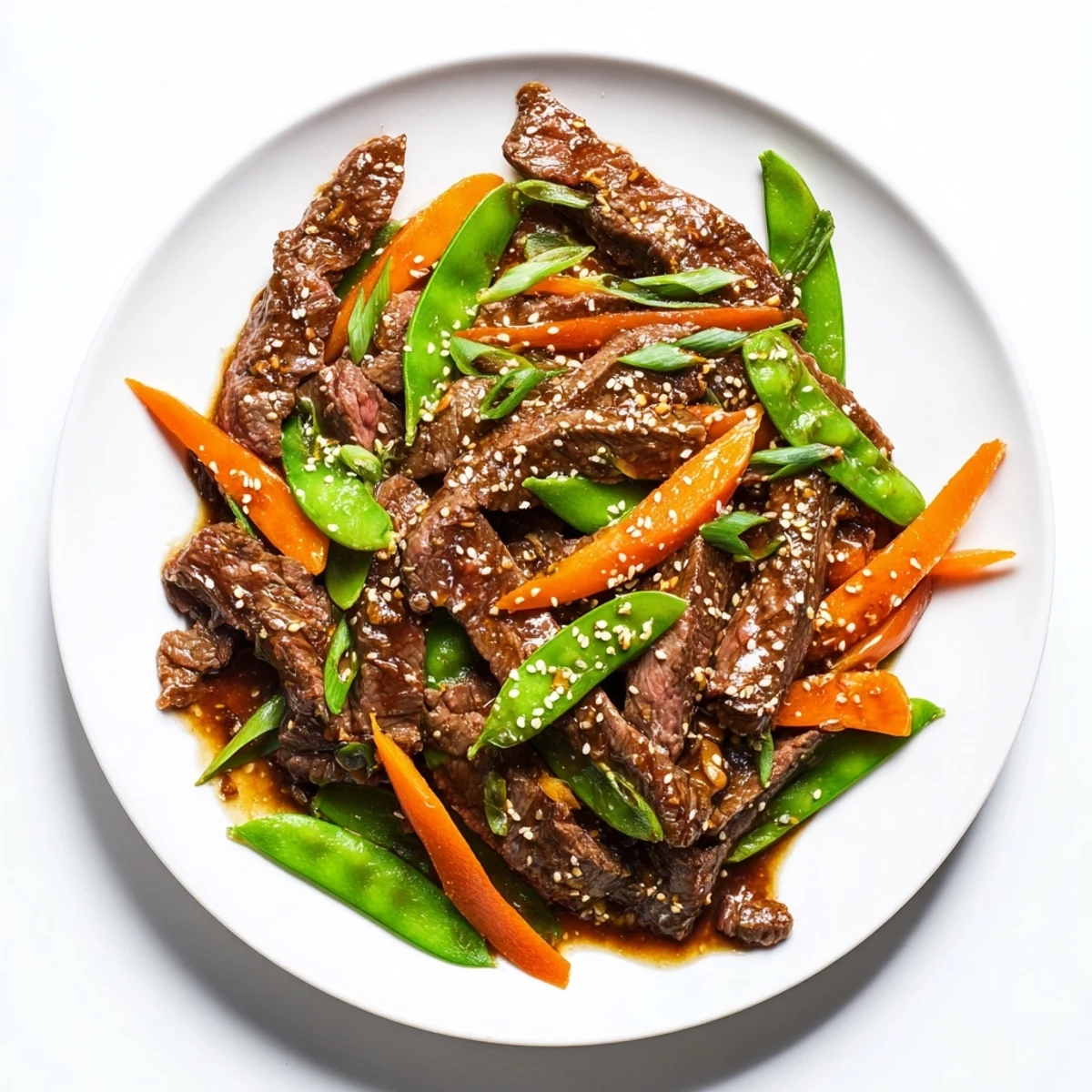 Close-up of Beef Stir Fry with Snow Peas and Carrots in a wok, highlighting crunchy peas and sweet carrots next to steaming rice.