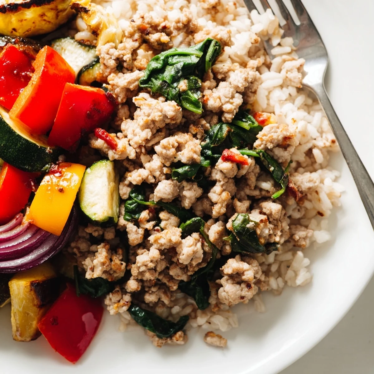 Close-up of golden brown ground turkey with roasted red and yellow peppers, zucchini, and wilted spinach in a skillet.