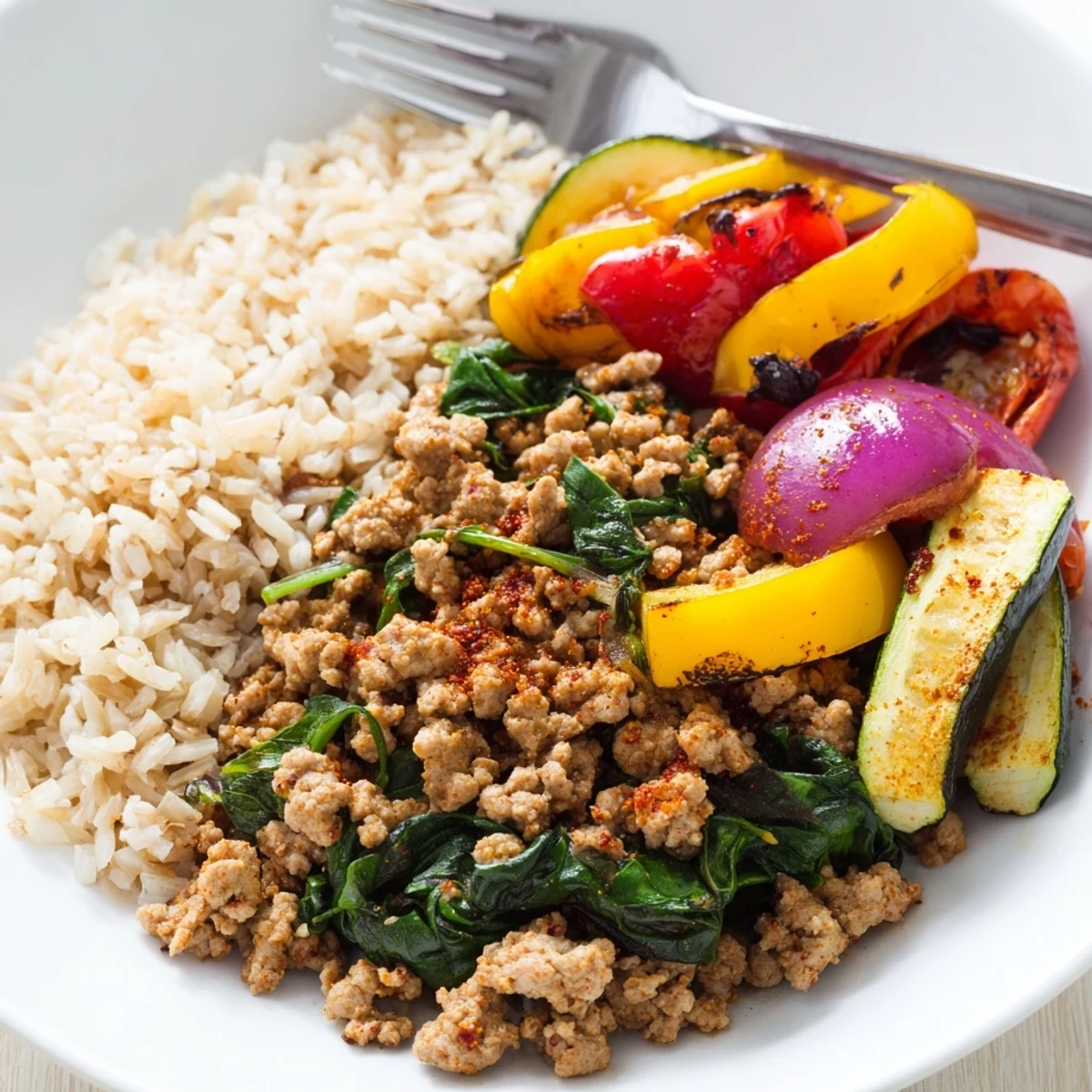 Fork-ready Turkey Meal Prep with tender roasted veggies and fluffy brown rice in a glass meal prep container.