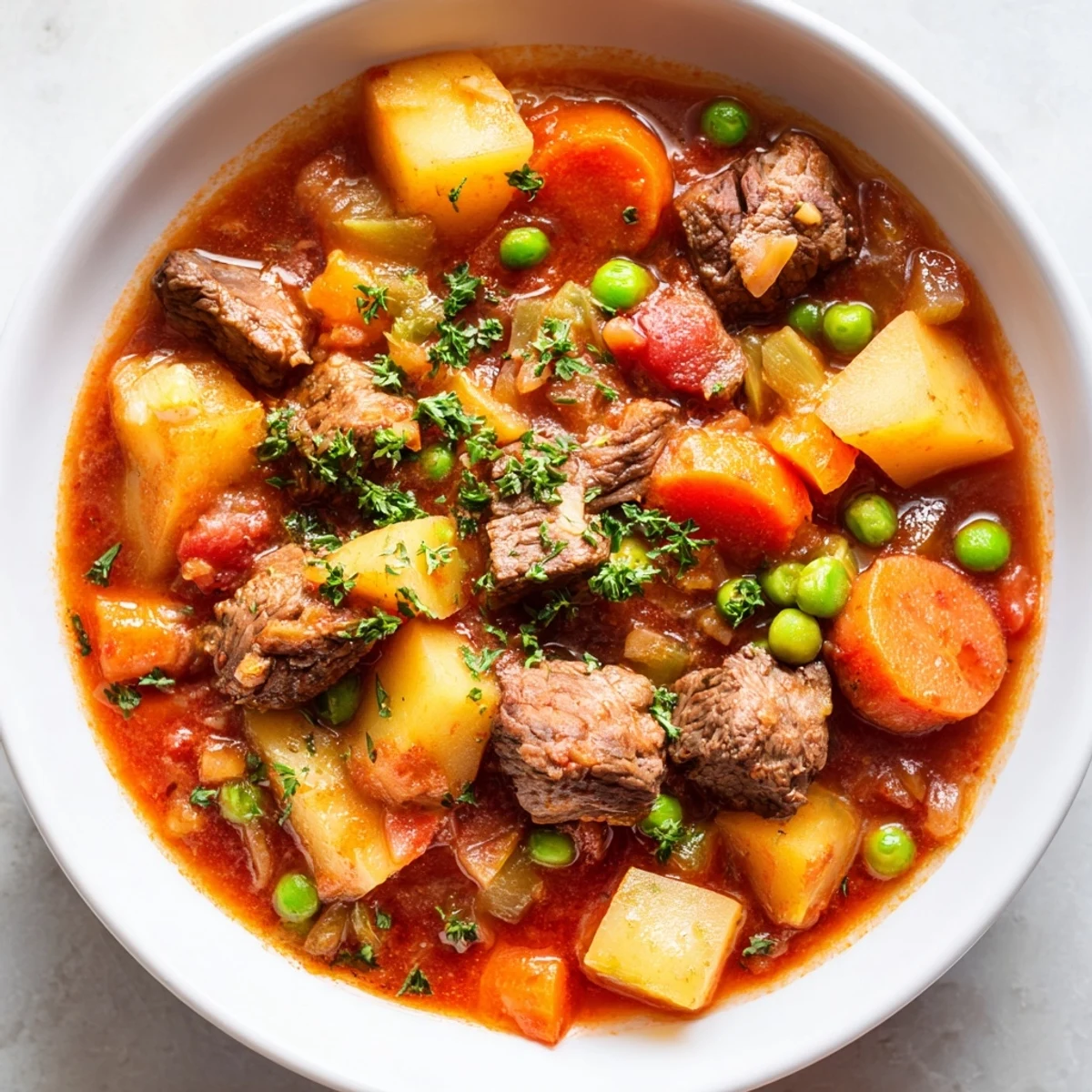 Freshly baked Beef Dish Casserole with tender beef chunks, carrots, and potatoes in a rich brown sauce, bubbling hot from the oven.