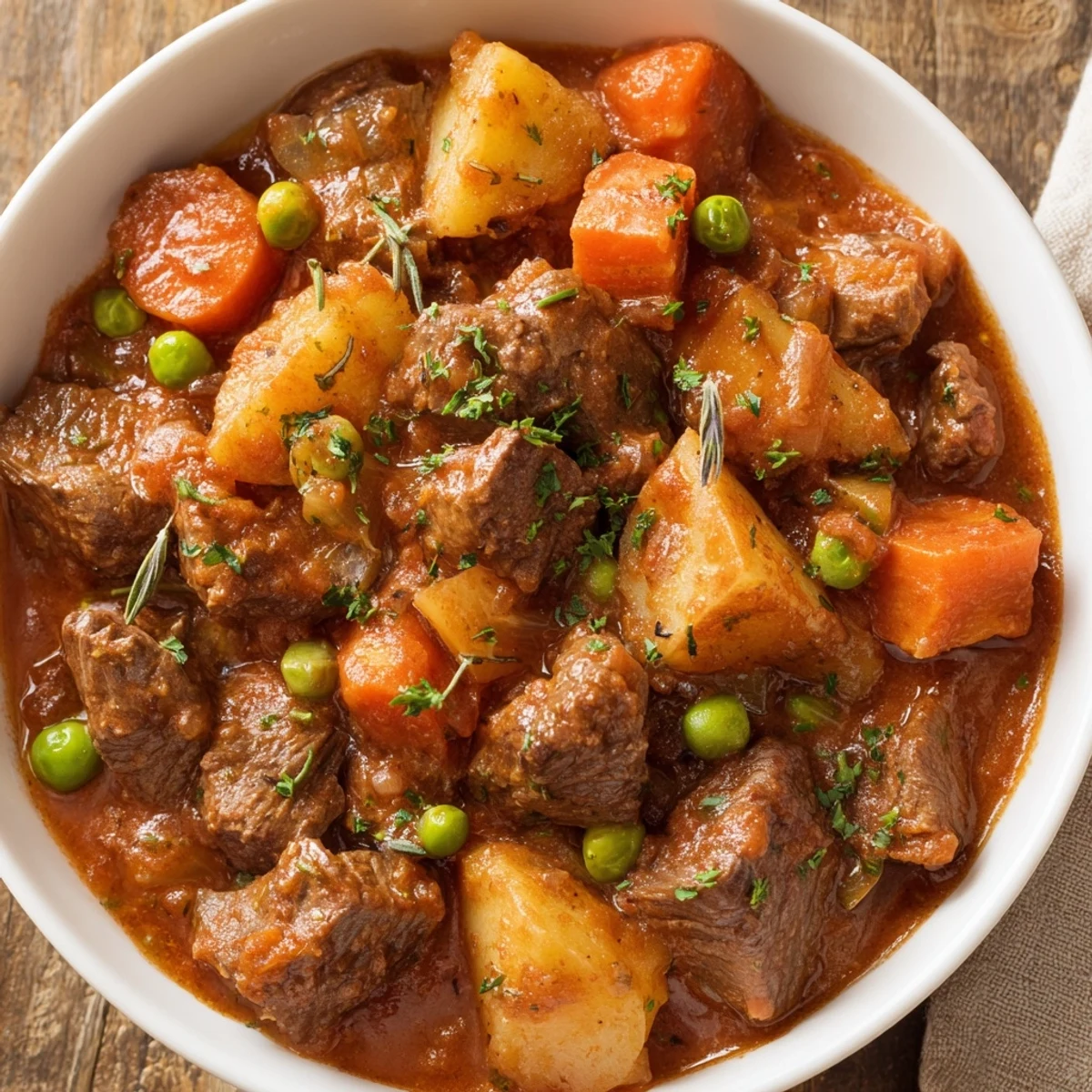 Savory Beef Dish Casserole with juicy beef, peas, and vegetables in a thick gravy, paired with crusty bread on the side.
