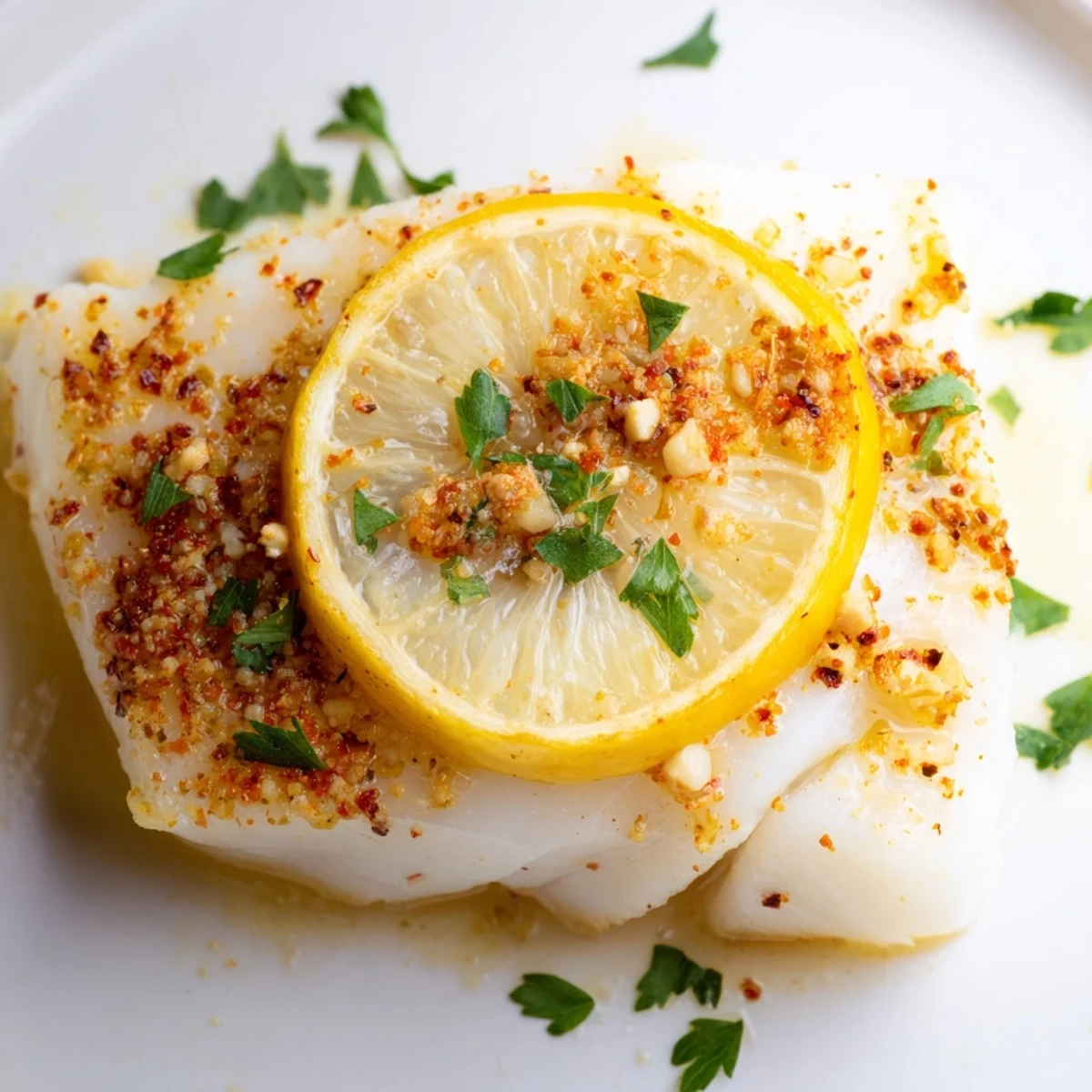 Golden-brown Baked Cod Fish Fillet with lemon slices and fresh parsley, served alongside fluffy white rice and steamed broccoli for a healthy dinner.