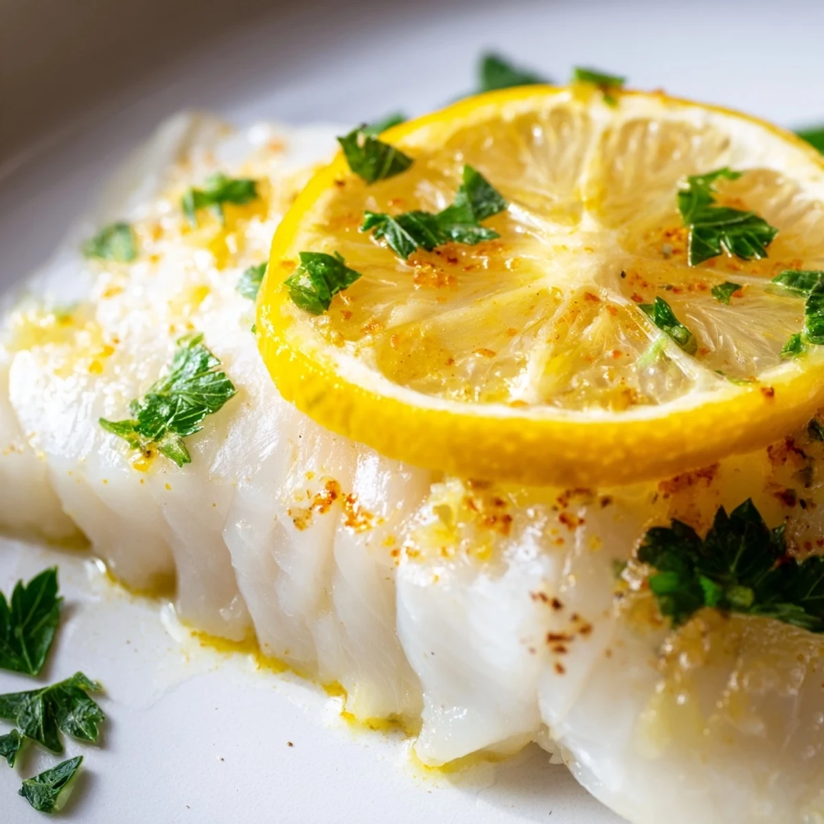 Flaky, tender Baked Cod Fish Fillet topped with lemon garlic butter, fresh parsley, and paprika on a rustic baking sheet ready to serve.