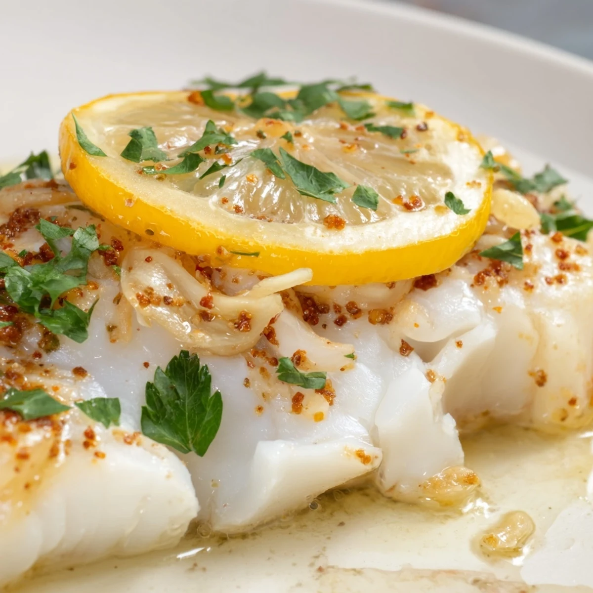 Easy gluten-free Baked Cod Fish Fillet garnished with fresh herbs and lemon wedges, perfect for a quick weeknight meal on a white plate.